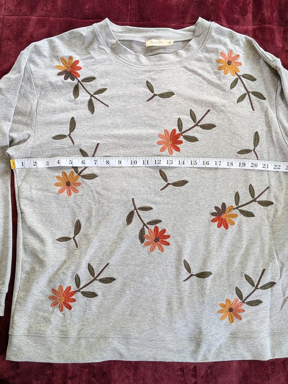 ROOLEE Grey Floral Embroidered Crewneck Sweater Boho Cottagecore XL